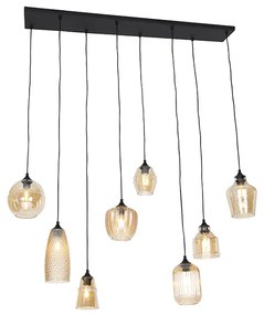 Lampa wisząca w stylu art deco czarna z bursztynowym szkłem 8 świateł - Hanne ArtDeco Oswietlenie wewnetrzne