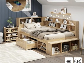Łóżko dziecięce 90×200 cm - z 1 szufladą - z półką na książki i schowkiem - stelaż listwowy - naturalny (bez materaca)