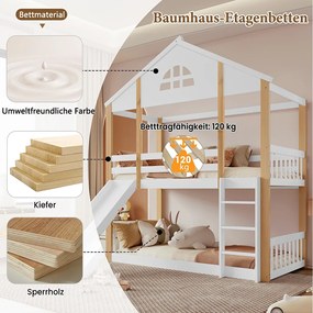 Łóżko piętrowe dla dzieci - 2 x 90 x 200 cm - z oknami + drabinka + zjeżdżalnia - drewno + MDF - białe i naturalne