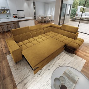 Masseno Narożnik MORIVA z funkcją spania i pojemnikiem na pościel Narozniki L, Rozkładana sofa - Żółty, MONOLITH 48