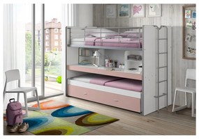 Biało-różowe piętrowe łóżko dziecięce z wysuwanym łóżkiem, schowkiem i stelażem 90x200 cm Bonny – Vipack