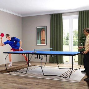 SPORTNOW Stół do Tenisa Stołowego, Składany, 8 Kół, Rama z Malowanej Proszkowo Stali, MDF, 274 x 152,5 x 76 cm, Niebieski