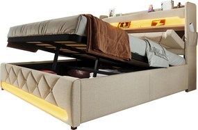 Łóżko tapicerowane dwuosobowe ze schowkiem - 180 x 200 cm - 360° LED + Zagłówek z USB i Type-C - tkanina lniana - beż