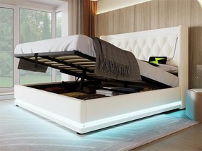 Łóżko tapicerowane 180 x 200 cm z ekoskóry - z funkcją ładowania i LED u stóp łóżka - Białe