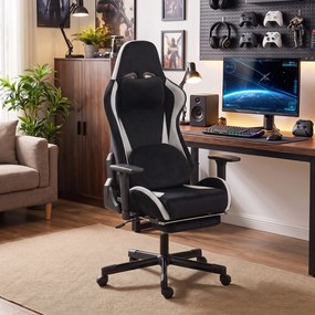 HOMCOM Fotel gamingowy z poduszką lędźwiową z masażem i ogrzewaniem, ergonomiczny, tkanina w wyglądzie lnu, 4D podłokietniki, zagłówek, Schwarz | Aosom PL