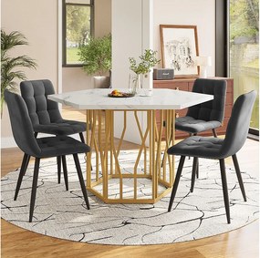 Zestaw stół i krzesła do jadalni - 115,5 x 100 x 75 cm - 1 stół sześciokątny ze złotymi nogami + 4 krzesła - MDF + Stal - złoty + szary