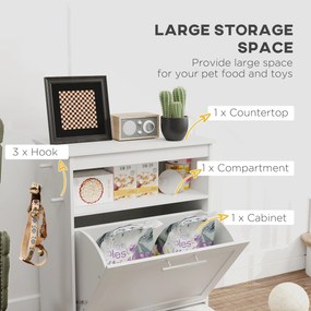 PawHut Stacja żywieniowa dla zwierząt domowych, szafka na akcesoria z miskami, haki na smycze, MDF, kolor biały