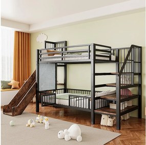 Łóżko piętrowe metalowe dla dzieci - 2 x 90 x 200 cm - ze zjeżdżalnią + schodki do przechowywania + wbudowane półki - czarne