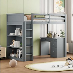 Łóżko piętrowe 90 x 200 cm z biurkiem, półkami, szufladami i drabinką, drewno MDF, kolor szary