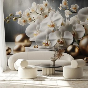 Fototapeta - Orchidea i złote kulki (196x136 cm)