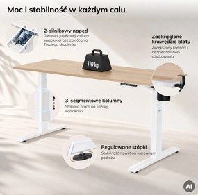 Biurko elektryczne z regulacją wysokości ergonomiczne białe/dąb sonoma,1600x800 mm: ARIA