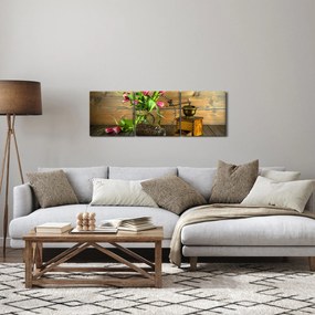 Obraz - tulipany, młynek i kawa (z zegarem) (90x30 cm)