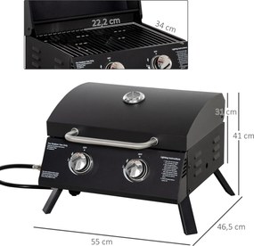 Outsunny mobilny grill gazowy BBQ z 2 palnikami stal węglowa kolor czarny 55 x 46,5 x 41 cm