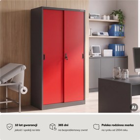 Szafa metalowa biurowa z drzwiami przesuwnymi antracytowo-czerwona, 900x1850x400 mm: KUBA
