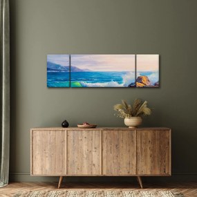 Obraz fal uderzających w klify, obraz olejny (170x50 cm)