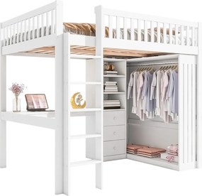 Łóżko piętrowe drewniane 140x200 cm - z biurkiem i szafą - białe