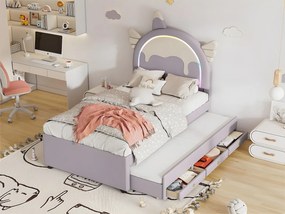 Łóżko dziecięce 90x200cm z łóżkiem wysuwanym 90x190cm - zagłówek w kształcie jednorożca z LED - z ekoskóry - Jasnofioletowy