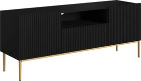 Szafka RTV Nicole 150 cm z szufladą i wnęką - czarny mat / złote nóżki