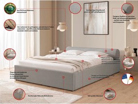 Jasnoszare tapicerowane łóżko dwuosobowe ze schowkiem i stelażem 180x200 cm Cille – Ropez