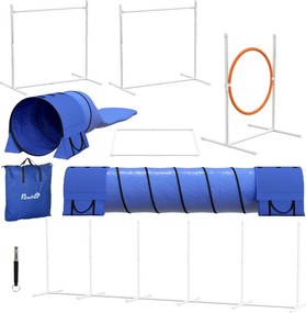 PawHut Zestaw Agility dla Psów, Tor Przeszkód dla Psów, 1 Obwód Skokowy, 2 Tunele, 2 Przeszkody, 321 cm x 63 cm x 93 cm, Niebieski + Czerwony + Biały