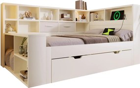 Sofa tapicerowana z funkcją spania - 90 x 190 cm - z wysuwanym łóżkiem 90 x 180 cm + port USB + półka do przechowywania - drewno - biała