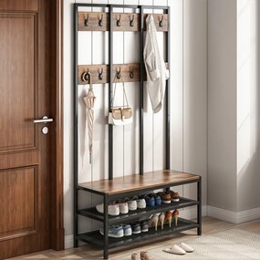 Szafa do przedpokoju z ławką i półką na buty 100x40x186 cm – styl industrialny, kolor ciemny brąz.