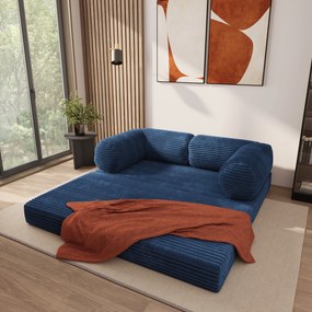 Masseno Sofa piankowa ALVIO z funkcją spania, Kanapa z pianki do salonu, Bezmontażowa, Tkanina sztruksowa – Niebieski TILIA 77