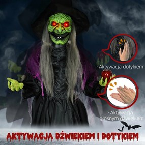 HOMCOM Czarownica z Jadowitym Jabłkiem, Dekoracje Helloweenowe, Straszne Dźwięki, Czerwone Oczy, Ruchome Ramiona, 180 cm