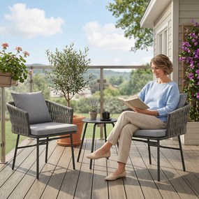 Outsunny 3-częściowy Zestaw Mebli Ogrodowych, 2 Krzesła, 1 Stół, Zestaw Bistro, Sztuczny Rattan, Rama Stalowa, Stół Metalowy, 4 Poduszki, Szary