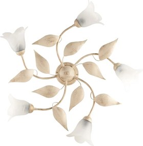 Olga - lampa sufitowa z lakierowanego żelaza w kolorze kości słoniowej, dekor stare złoto, klosze z białego alabastru Ø14 cm, 5 świateł, Ø70 cm