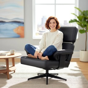 HOMCOM Regulowany fotel leżankowy z podnóżkiem, obicie z ekoskóry, regulowany zagłówek, metalowa podstawa, czarny