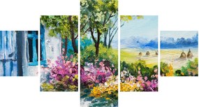 Obraz ogrodu przed domem, obraz olejny (125x70 cm)
