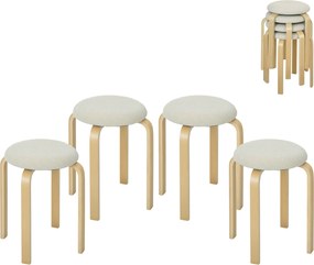 HOMCOM Tapicerowane Stołki w Zestawie 4 szt., Składane, z Lakierowaną Powierzchnią, Nogi z Drewna, Kremowe