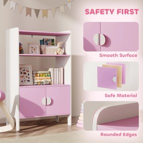 AIYAPLAY Regał na książki dla dzieci, 2 półki, 2 szafki, wolnostojący, design przeciwdziałający przewróceniu, antypoślizgowe stopy, MDF, Różowy+Biały