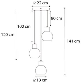 Lampa wisząca Art Deco czarna z dymionym szkłem okrągła 3-punktowa - Vidro ArtDeco Oswietlenie wewnetrzne