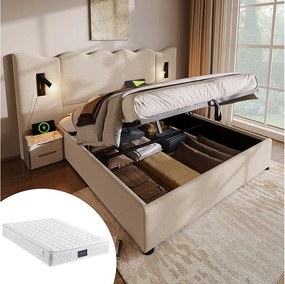 Łóżko tapicerowane z pojemnikiem na pościel - 160 x 200 cm - zagłówek + materac - Lampa i USB - Lite drewno i tkanina lniana - Beż