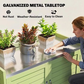 Outsunny Stół do sadzenia z szafką z drewna, szafka ogrodowa z ocynkowanym blatem, 3 półki, 88x40x70,5cm, zielony | Aosom PL