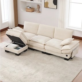 Zestaw wypoczynkowy z tkaniny sztruksowej 3-osobowy - 260 x 132 x 84 cm - z 1 pufem ze schowkiem + portem USB + kieszeniami - beżowy