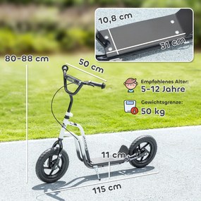 AIYAPLAY Hulajnoga dziecięca z regulowaną kierownicą, dużymi kołami, stojakiem parkingowym, hamulcem ręcznym dla dzieci w wieku 5-12 lat, Biała