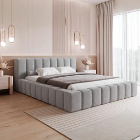 Łóżko Tapicerowane 140x200 cm CADORA z Pojemnikiem Szare Boucle Glamour