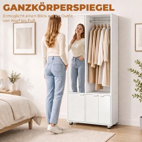HOMCOM Szafa z lustrem, wąska nowoczesna szafa garderobiana z drążkiem na ubrania i półkami, Biały | Aosom PL