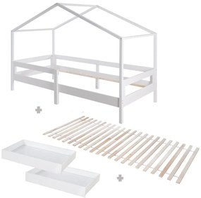 Białe łóżko dziecięce z litego drewna w kształcie domku ze schowkiem ze stelażem 90x200 cm – Roba
