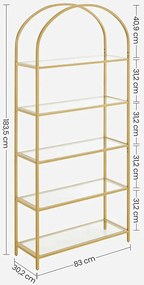 Złoty regał szklany z 5 półkami w stylu glamour Lorenza 6X