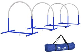 PawHut Zestaw Agility dla Psów, trening początkujących, 4 łuki, z torbą transportową, niebieski+biały, 88 x 64 x 95 cm