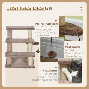PawHut Drabinka dla Kotów z 3 Stopniami i Piłką, Do 5 kg, 45x40x48cm, Brązowa