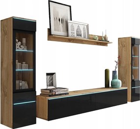 Zestaw mebli do salonu z LED 4 elementy – szafka RTV 180 cm, 2 witryny i półka, stojąca lub wisząca, korpus dąb Wotan, fronty czarny połysk