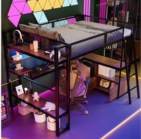 Łóżko piętrowe metalowe dla dzieci - 140 x 200 cm - ze zintegrowanym biurkiem + oświetlenie LED + schowek - czarne