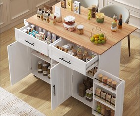 Mobilna wyspa kuchenna - Rozsuwany blat - 2 szuflady + drzwi szafki do przechowywania - Biały