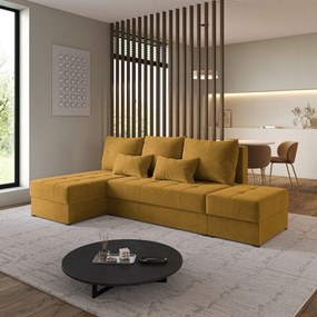 Masseno Narożnik NORVI z funkcją spania i pojemnikiem na pościel Narozniki L, Rozkładana sofa - Żółty, KRONOS 01