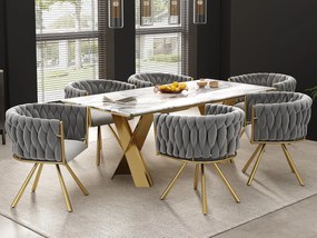 Zestaw 6 aksamitnych krzeseł obrotowych z podłokietnikami - złote metalowe nogi - Szary